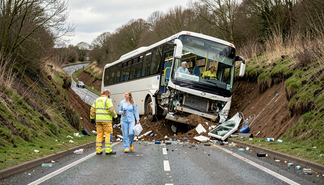 Two in hospital after bus crashes down embankment on A9